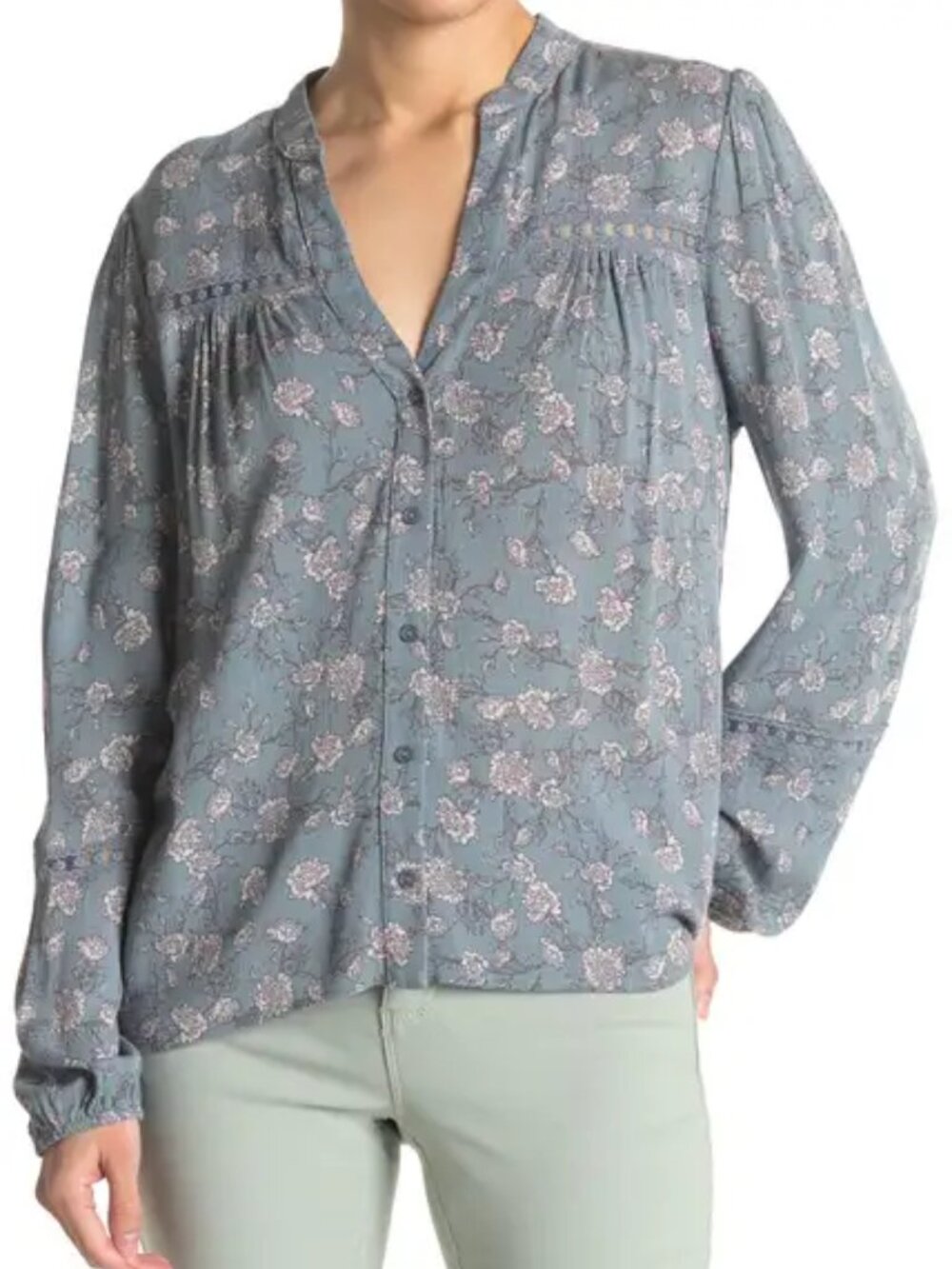 EVERLEIGH Long Full Sleeve Lace Trim Button Front Blouse